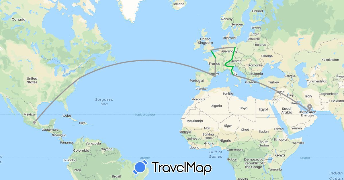 TravelMap itinerary: bus, plane in United Arab Emirates, Switzerland, Germany, Spain, France, United Kingdom, Italy, Mexico, United States (Asia, Europe, North America)